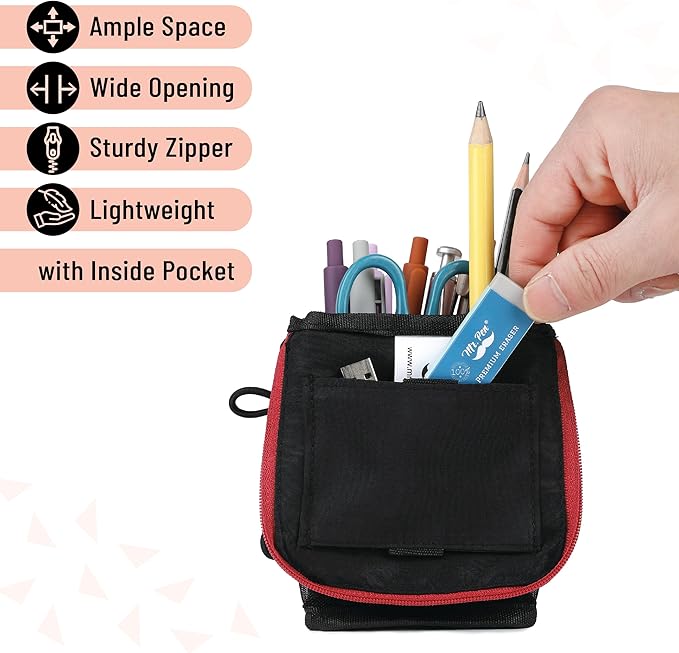 Mr. Pen- Standing Pencil Case Pouch, Sit & Lay Mesh-View Design, Black with Red Zipper, Interior Pocket & 2 Elastic Binder Loops, Cute Pencil Case for Girls and Boys