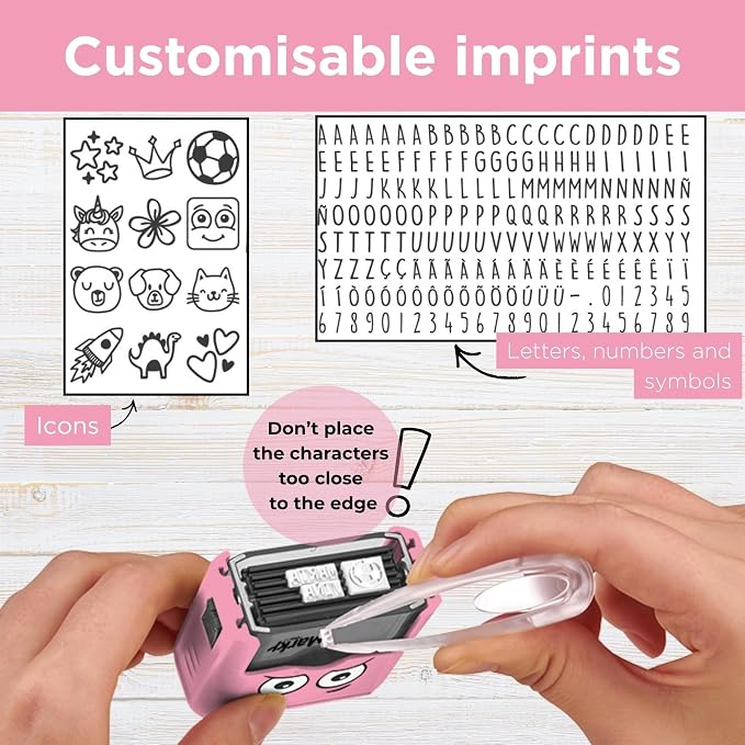 COLOP Marky Personalized Kids Name Stamp, Suitable for All Surfaces, Pink | Permanent Waterproof Clothing & Fabric Labeling, Clothing Stamp For Kids, Schools, & Daycare, Includes Labels and Thermo Tape