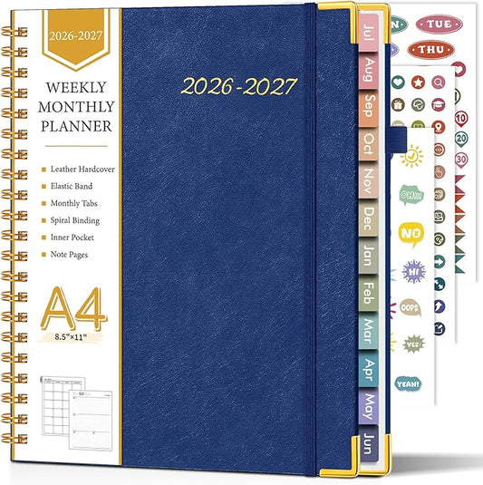 Academic Planner 2026-2027, Hardcover Leather Weekly and Monthly Calendar Planner from July 2026 - June 2027, A4 8.5" x 11" Daily Agenda with Tabs, College School Organizer for Student Teacher, Night Sky Blue