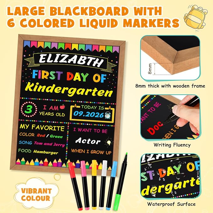 First & Last Day of School Signs with 6 Colorful Markers, 11 x 14 Inch Double Sided Back to School Board for Kids, Girls, Boys, Reusable Wooden 1st Day Chalkboard Sign of Preschool/Kindergarten