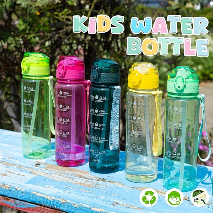 OLDLEY 17oz Kids Water Bottle, Tritan BPA-Free, Leakproof Flip Straw Lid, Motivational Time Marker, Carry Strap, Reusable Clear Water Bottle for Boys & Girls,Eggplant