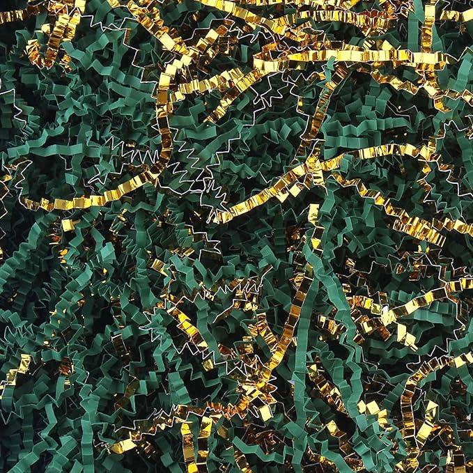 TANMWZK Crinkle Cut Paper Shred Filler for Gift Wrapping, Baskets, Christmas, Halloween, Wedding Decorations, Easter Grass, Crafting Activities (Dark Green and Gold) - 1 LB