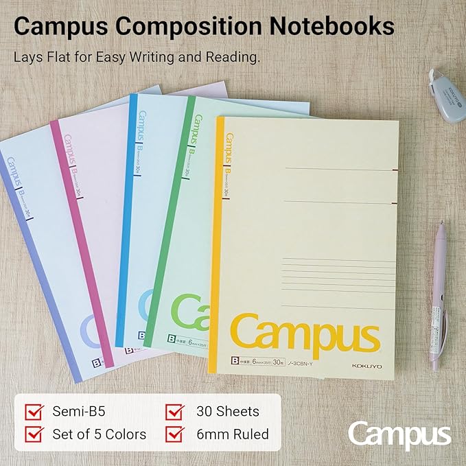 KOKUYO Composition Notebooks, 5 Pack Campus Semi-B5 Comp Book with B 6mm Ruled, 30 Sheets, Classic School Lined Notebook, Journal Notebook for Women Work Study Note Taking (NO-3CBNx5)