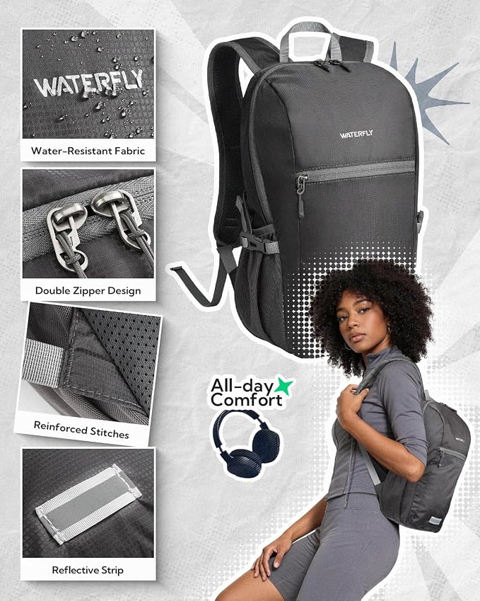 WATERFLY Small Packable Travel Backpack: 10L Ultra-Light Daypack for Adults | 9.2 oz,Water-Resistant Nylon,Breathable Mesh Straps,Reflective Strips,Emergency Whistle,Multi-Pockets,Hiking,Cycling,Commute