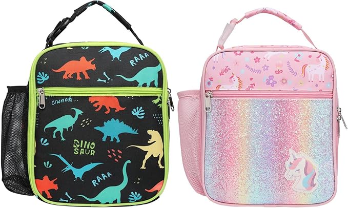 Bagseri 2 Pack Kids Lunch Box for Girls Boys - Insulated Toddler Lunch Bag Fits Bento Box, Reusable Daycare Cooler Tote with Clip Handle, Water-Resistant Lining, Unicorn & Dinosaur