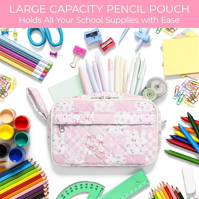 WOBAGMEN Quilted Pencil Pouch for Girls Women, Large Pencil Case Pouch with Compartments Cute Aesthetic Pencil Case Organizer, Floral Pencil Bag for School Supplies (Pink Checked Patchwork)