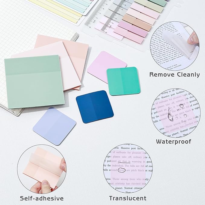 870 Sheets Transparent Sticky Notes, Clear 3 x 3 Square Sticky Notes with Marker, Waterproof Translucent Annotation Index Tabs for Bible Study Journaling Supplies