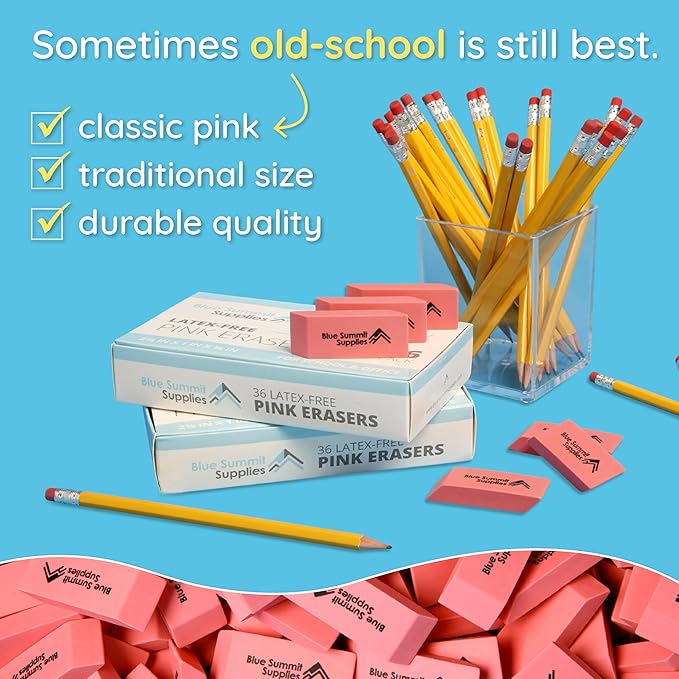 Blue Summit Supplies 100 Pack Pink Erasers Bulk, Pink Pearl Bulk Erasers for Kids, School, and Classroom