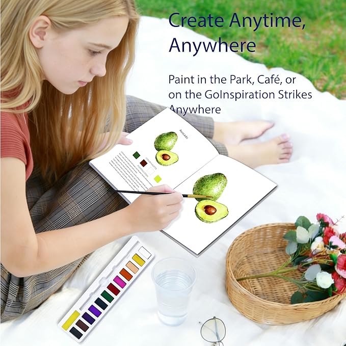 CraftyManor Watercolor Workbook Creative Insect Water Color Paint Book Set with Paints & Brush, 12 Patterns of Original DIY Designs, Beginner-Friendly Adult Coloring Books (FF-SG)