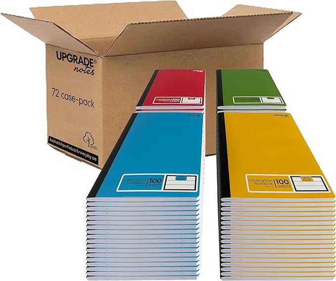 Composition Notebook, Wide-Ruled Paper, Resist Ink Bleed-through,100 Sheets Notebook Size 9.75” x 7.5”, Assorted Solid Colors, 72 Case-Pack