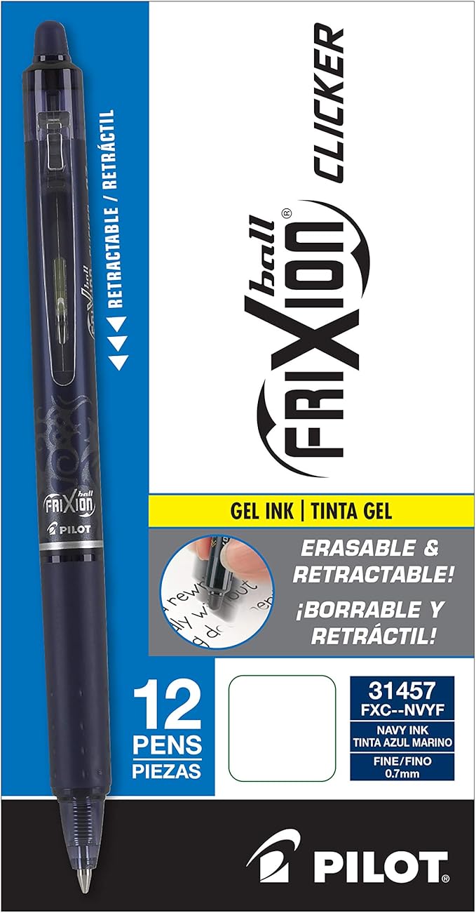 PILOT FriXion Clicker Erasable, Refillable & Retractable Gel Ink Pens, Fine Point, Navy Blue Ink, 12-Pack (31457)