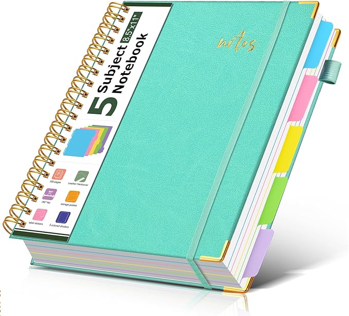 Hardcover Spiral Notebook Journal 8.5" x 11" Leather 5 Subject Notebook with Removable Dividers Tabs, 300 Pages Organizer Notebooks for Work School, College Ruled, Large Lined Journal for Women,Aqure