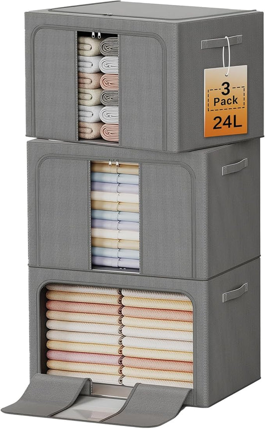 Clothes Storage Bins with Metal Frame, Foldable Clothes Organizers Storage Containers for Clothes, Sheets, Blankets, Pillows and Towels (24L, 3 Pack, Deep Grey)
