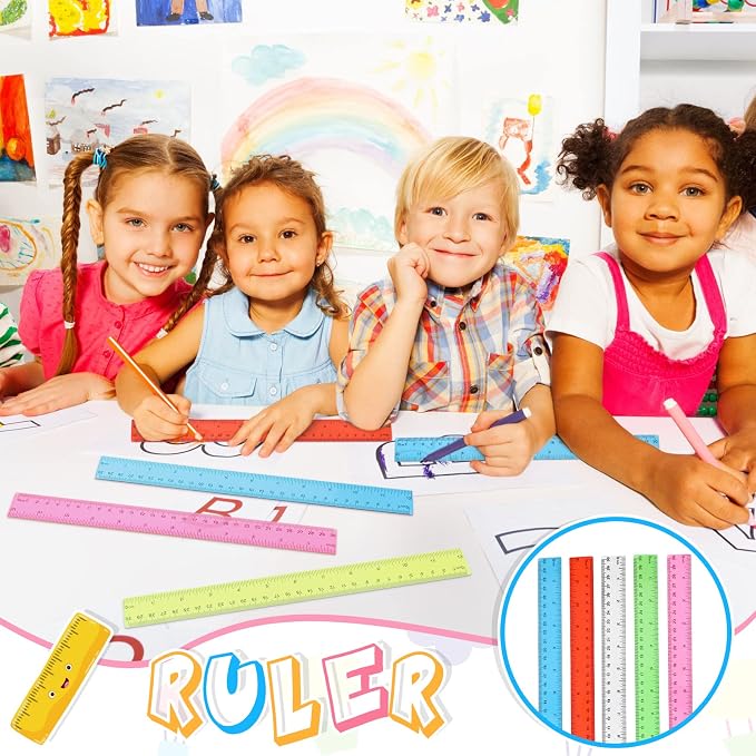 24 Pack Color Transparent Ruler Bulk 12 Inch Clear Plastic Rulers Kids Ruler with Centimeters and Inches Straight Measuring Drafting Tools for Classroom School Students Families Education