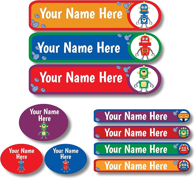 Lovable Labels Personalized Labels for Kids (85 Labels/Pack) - 3 Label Sizes Waterproof Dishwasher Safe Peel & Stick Labels for School Supplies Daycare Camp Clothing Bottles (Metal Men)