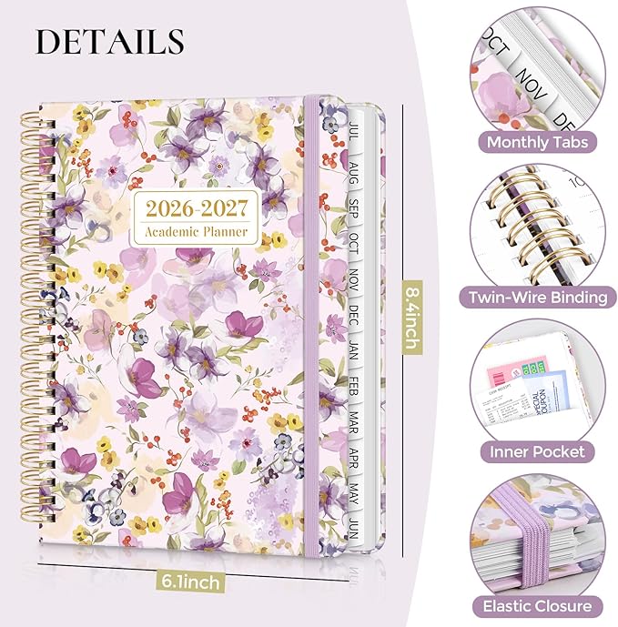 KONVINIT Academic Planner 2026-2027, Purple Monthly Planner 2026-2027, 12 Months Daily Weekly Planner with Tabs for Student Teacher, A5 (6.1" x 8.5") Planner 2026 for Home, Office, School Supplies