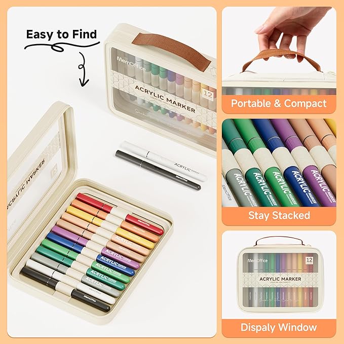MemOffice Direct Liquid Acrylic Paint Markers, 12 Colors Brush Tip Pens with Carrying Case, No Bleed, Waterproof, for Rock, Wood, Canvas, Glass, Fabric, DIY Crafts for Adults