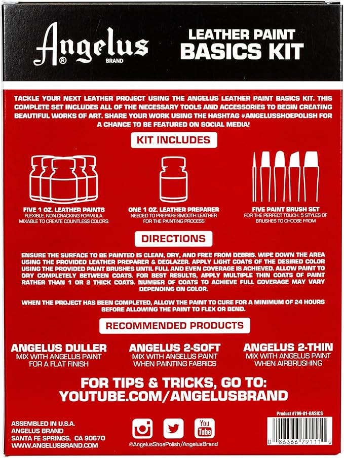 Angelus Leather Paint Basics Kit – Acrylic Leather Paint Set with 5 Colors (1 oz. each), Preparer & Deglazer and Paintbrushes