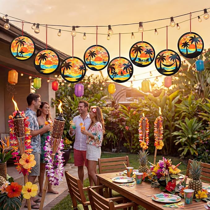 Renbuzhu 48PCS Summer Crafts: Paper Tropical Palm Tree Suncatchers DIY Kits, Window Stained Glass Effect Art Supplies for Hawaiian Luau Tiki Beach Party Favors