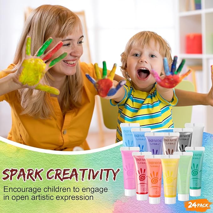 48 Pcs Washable Finger Paint Set for Kids Ages 3-12, Non-toxic Baby Safe Paint 12 Colors (1 Fl oz Each), Hand and Feet Painting Art Supplies, Preschool Learning Activities Gifts for Kids
