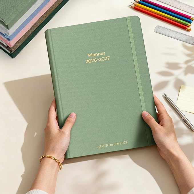 Planner 2026-2027 Monthly and Weekly Academic Planner July 2026 - June 2027, Linen Hardcover Agenda 2026-2027 Calendar Daily Planner for Student Teacher with Monthly Tabs, 7.3" x 10", Cream Green
