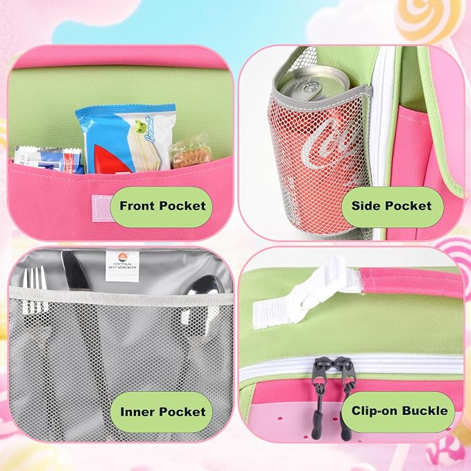 CaCTOUR Lunch Box Kids,Fun Color Lunch Box for Girls,Large Soft Cooler Lunch Bag for Kids,Back to School Thermal Insulated Lunch Tote Bag for School Daycare Outdoor (Fuchsia Green)