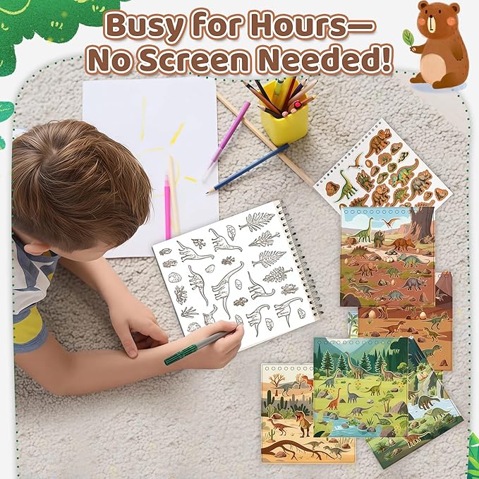 Dinosaur Sticker Book for Toddlers 2-4 Years Sticker Activity Book for Kids with 12 Scenes & 12 Coloring Pages Toddler Travel Essential Quiet Time Activities