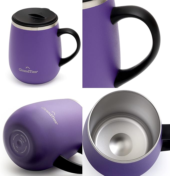 GRANDTIES Insulated Coffee Mug with Handle–Sliding Lid for Splash-Proof 16oz Wine-Glass Shape Thermal Tumbler with Double Walled Vacuum Stainless Steel to Keeps Beverages Hot or Cold-Sparkling Grape