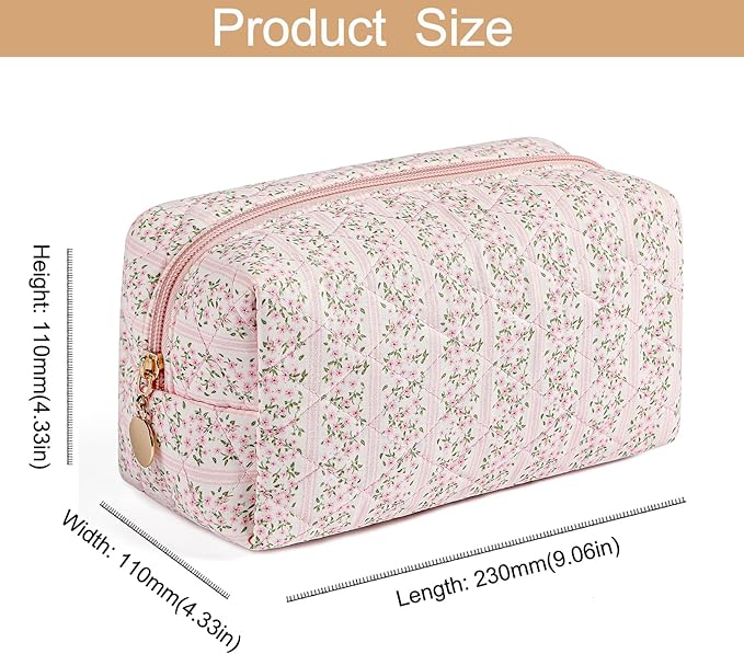 Makeup Travel Cosmetic Bag, Two Pack: Pink+Blue Floral, Zipper Closure, Durable Polyester, Perfect for Toiletry, Makeup, Travel