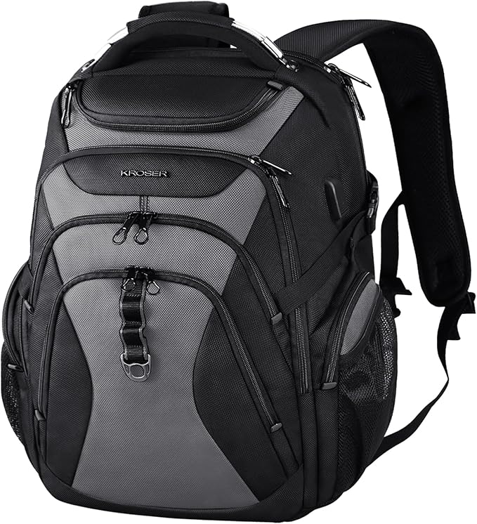 KROSER Travel Laptop Backpack 18.4 Inch XXXL Gaming Backpack with Hard Shell Saferoom RFID Pockets Water-Repellent Business College Daypack Stylish Laptop Bag for Men/Women-Black Grey