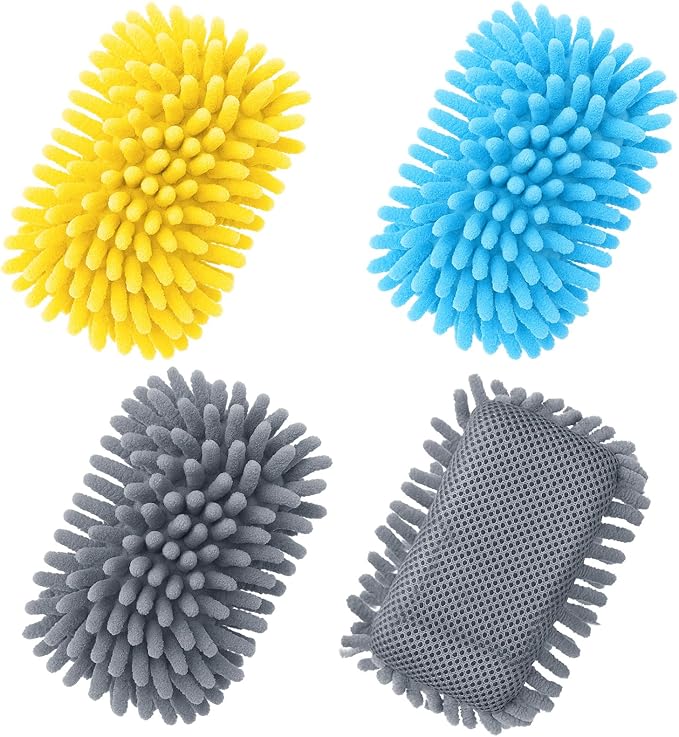 Zonon 4 Pieces Dry Erase Eraser Microfiber Shag Washable Whiteboard Eraser for Markers, Chalk, Home and Office (Blue,Yellow,Gray)