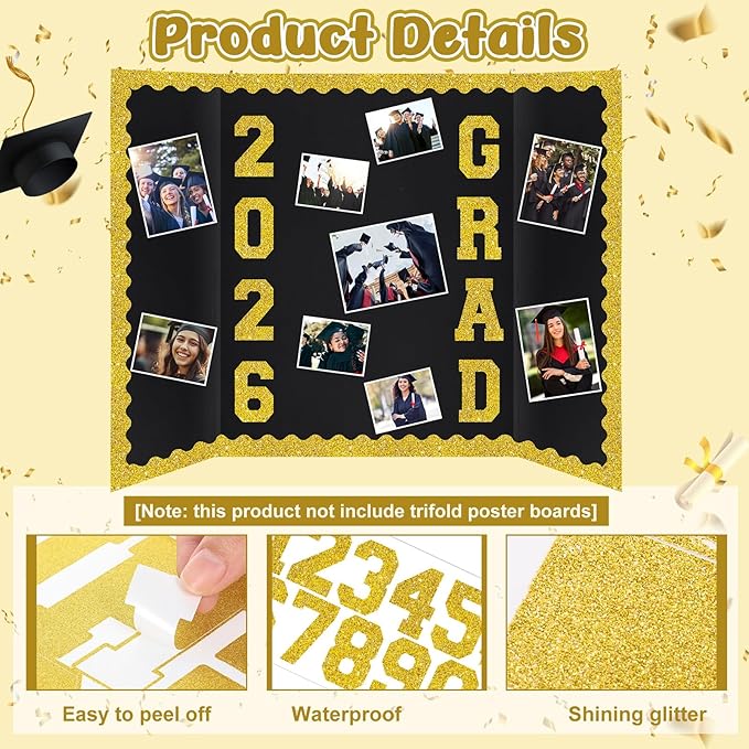Gold 175 Pcs Graduation Photo Display Board Sticker Glitter Border Trim Alphabet Letter Number for 2026 Grad Party Trifold Poster Photo Display Event Displays Bulletin Board