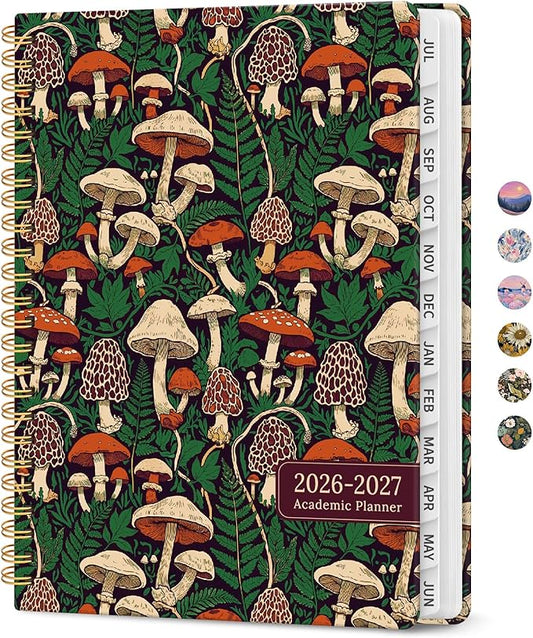 Planner 2026–2027, Academic Monthly Weekly Spiral Calendar, July 2026 – June 2027, Hardcover Agenda Notebook with Tabs, 6.3" x 8.5", Perfect for Students, Teachers, School & Daily Planning - Autumn Fungi