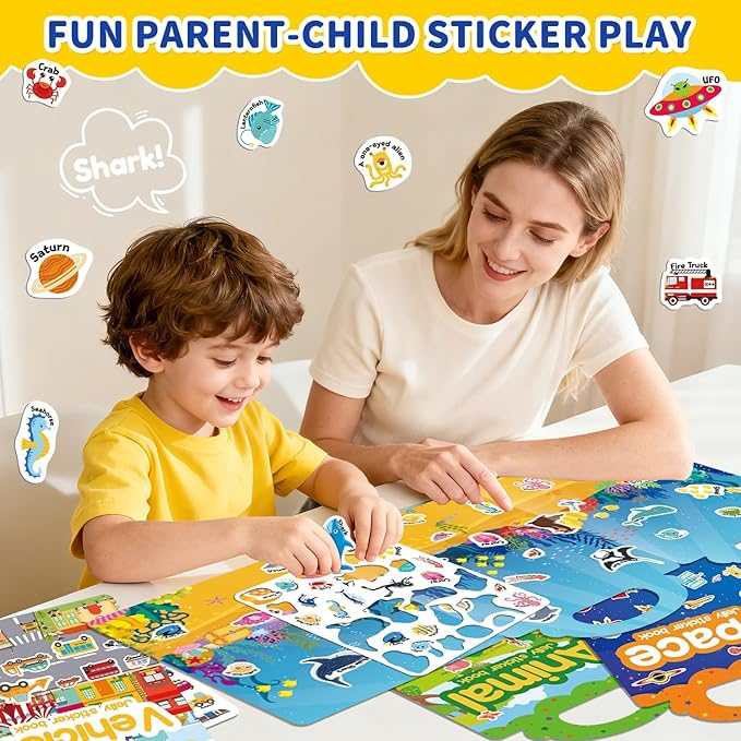 3 Sets Reusable Sticker Book for Toddlers 3-6, Jelly Sticker Books for Toddler, Travel Sticker Activity Toys for Kids 3 4 5 6 Years Old Girls & Boys（Farm + Vehicles + Animal）