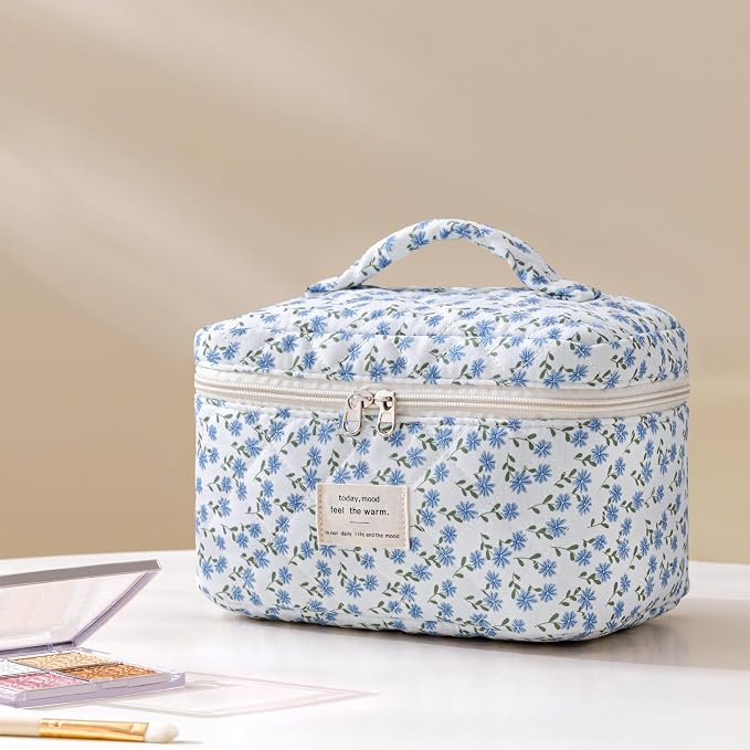 HBselect Quilted Makeup Bag, 3Pcs Cotton Large Travel Makeup Bags Organizer | Cute Floral Make up Bag Cosmetic Bag Toiletry Bag for Women Girls, Makeup Pouch for Skincare, Brushes & Travel Essentials