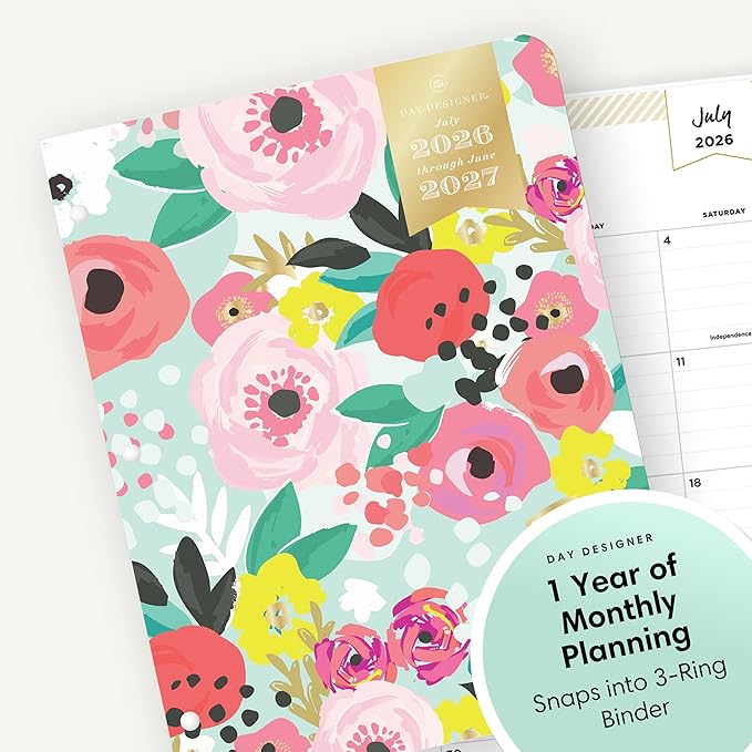 Blue Sky Day Designer 2026-2027 Monthly Academic Year Planner Calendar, July 2026 - June 2027, 8.5" x 11", Flexible Cover, Stapled Binding, Secret Garden Mint