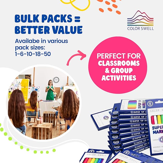 Color Swell Washable Bulk Markers Pack 36 Boxes of 8 Vibrant Colors Each (288 Total Super Tip Markers) for Classrooms, Parties, Donations, Home