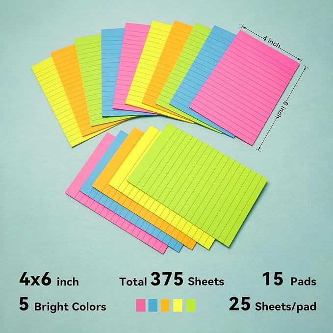 (15 Pads) Lined Sticky Notes 4x6 in Post, Large Sticky Pads with Lines Self-Stick Note Pad it, Bright Colors Ruled Stickies Super Sticking Power, Office School Memo Note Pads
