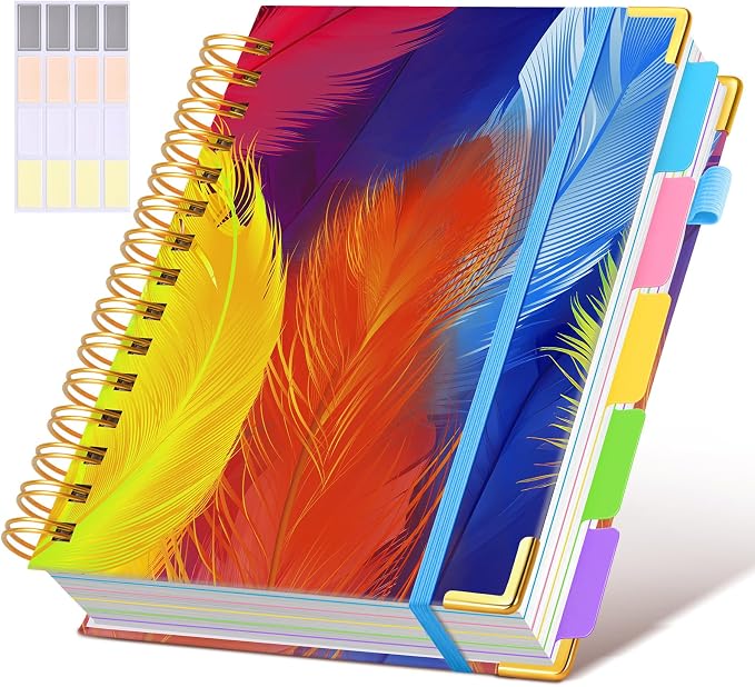 Hardcover Spiral Notebook journal with Removable Dividers Tabs, 300 Pages 5 Subject Notebook College Ruled, 100GMS Notebooks for Work School Note taking,Lined Journal for Women,A5 Colorful Feather