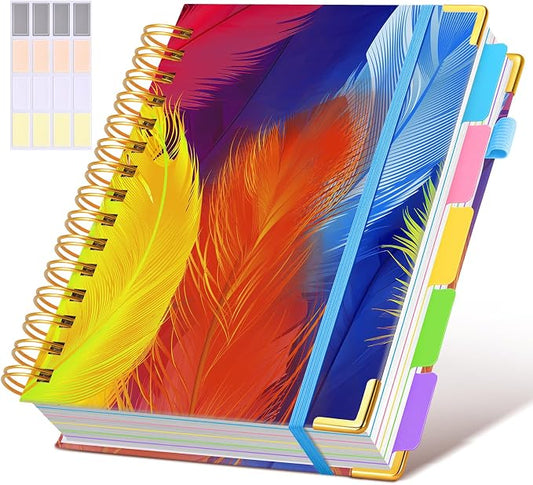 Hardcover Spiral Notebook journal with Removable Dividers Tabs, 300 Pages 5 Subject Notebook College Ruled, 100GMS Notebooks for Work School Note taking,Lined Journal for Women,A5 Colorful Feather