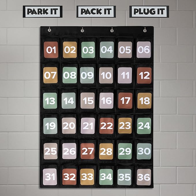 Premium Cell Phone Holder for Classroom - Durable Pocket Chart with 36 Numbered Slots & Hooks - The Perfect Hanging Chart for Phones, Calculators and Headphones Fits Nicely with Any School Decor