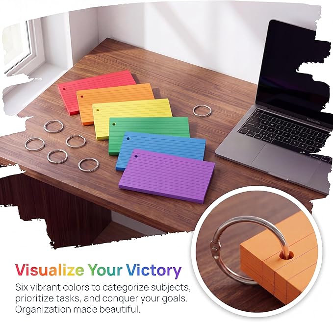 Colored Index Cards 3x5 Inch with Ring - 288 Count Neon Colored Ruled Index Flash Cards for Studying, Lined Index Note Cards 3x5 Flashcards, Notecards 3 x 5 Lined Small Index Cards Ruled 6 Pack of 48