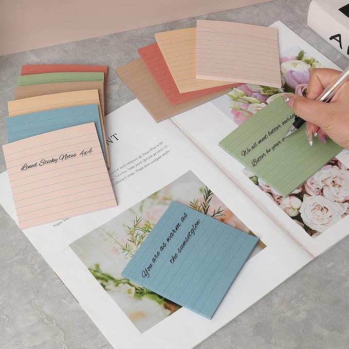 (12 Pack) Lined Sticky Notes 4x4 in, 6 Vintage Colors Self-Stick Note Pads