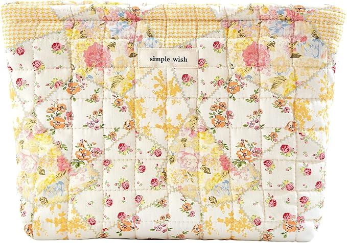 Sminra Floral Makeup Bag Large Cotton Quilted Cosmetic Makeup Bag Organizer, Aesthetic Portable Pouch Purse Toiletry Bag for Women Girls Travel accessories (Beige Floral-L)