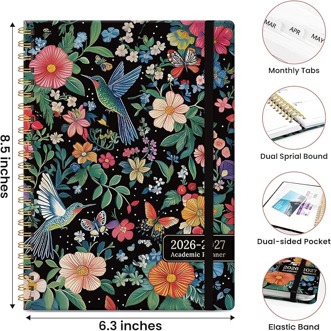 Planner 2026-2027, Academic Planner Weekly and Monthly, Jul 2026 - Jun 2027, Spiral Bound School Planning Tool with Tabs and Pocket, Perfect for Students & Teacher, 6.3" x 8.5", Hummingbird