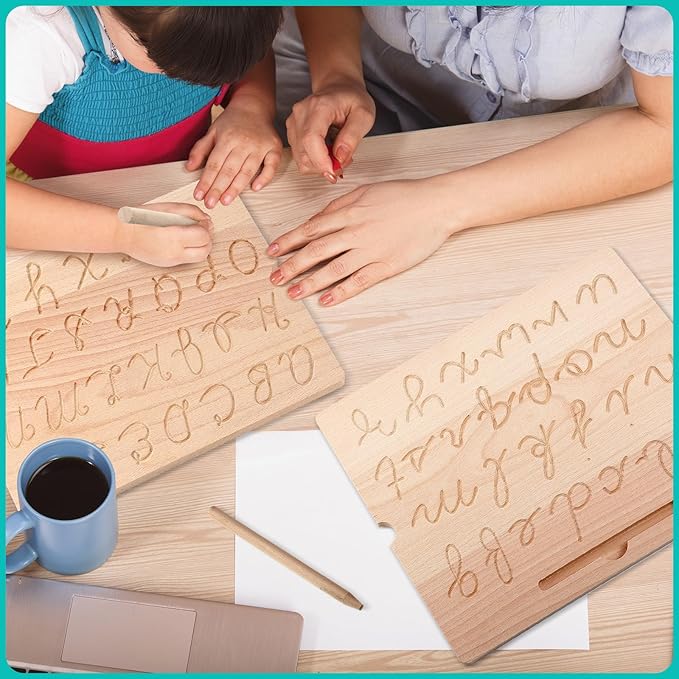 MotiMind 2 Pcs Wood Cursive Alphabet Number Tracing Board Montessori Letter Tracing Board Writing Tools Double Sided with Wooden Pen Letter Tracing Learn to Write for Boys Girls Preschool Classroom