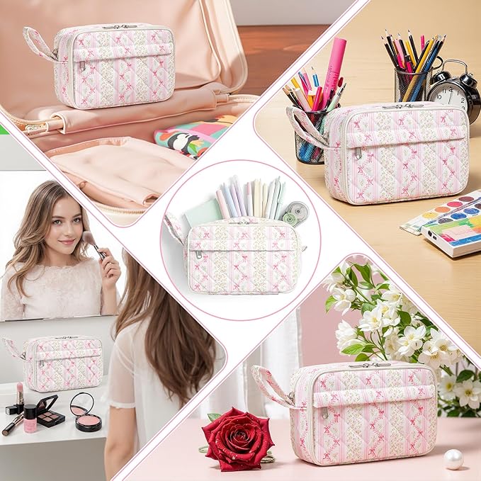 WOBAGMEN Quilted Pencil Pouch for Girls Women, Large Pencil Case Pouch with Compartments Cute Aesthetic Pencil Case Organizer, Floral Pencil Bag for School Supplies (Bow Floral Stripes)