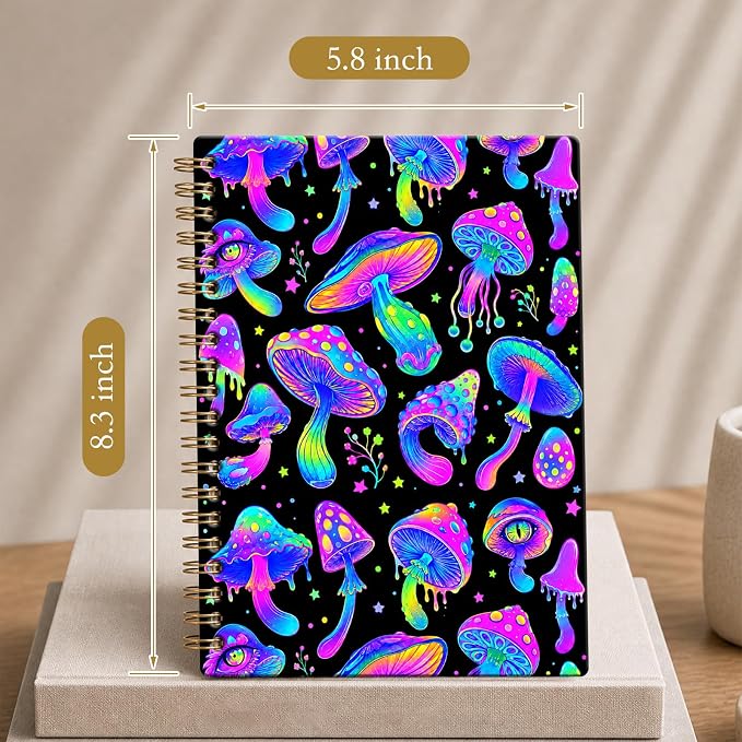 ATJFKIXL Cute Spiral Journal Notebook, A5 120 Page College Ruled Wirebound Notebook, Soft Cover for Students Office Notes and Planning - Black Neon Mushroom
