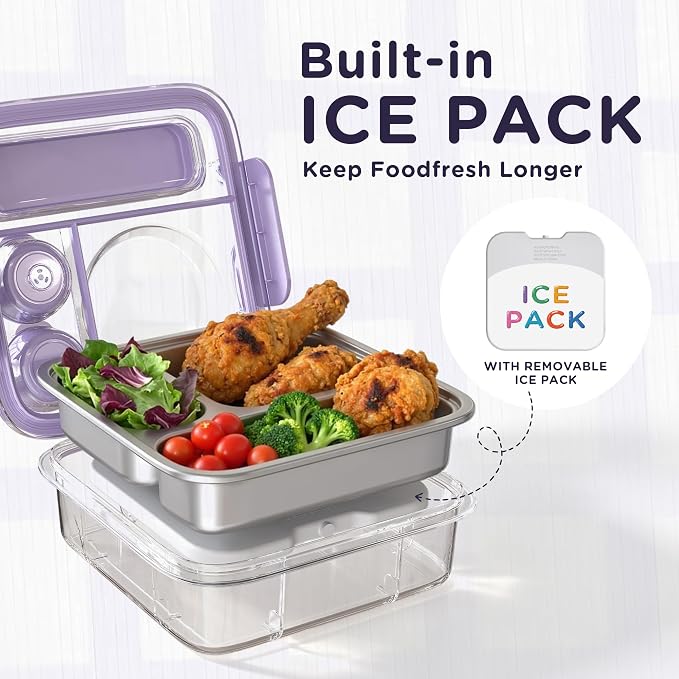 Stainless Steel Bento Lunch Box for Kids Adults with 8oz Insulated Food Jar,Ice Pack,Leak-proof,Dishwasher-Safe,Transparent Lid with Sauce Cup and Cutlery Storage for School & Travel,BPA-Free(Purple)