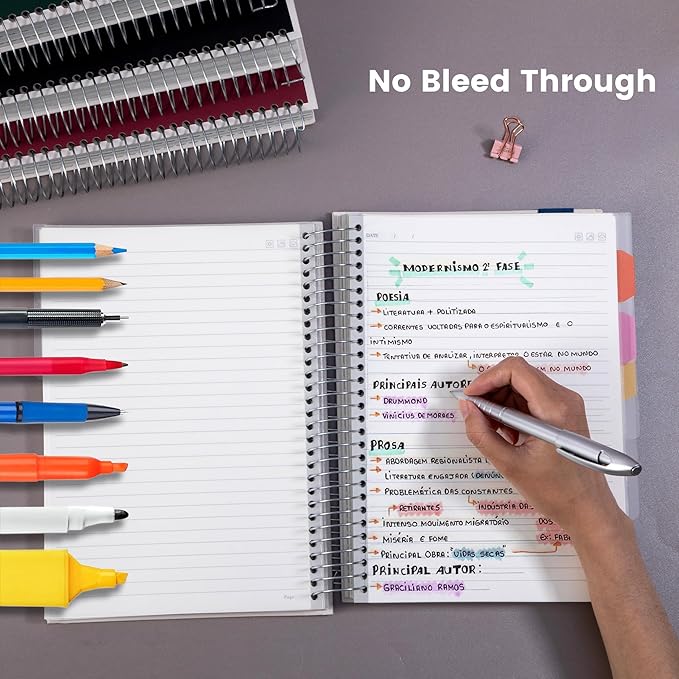 Yoment 5 Subject Notebook College Ruled, 300 Pages Spiral Notebook with Removable Divider Tabs，Hardcover 8 x 10 Inches College Ruled Journal 1 Inner Pocket for School College Work Office Home,Black